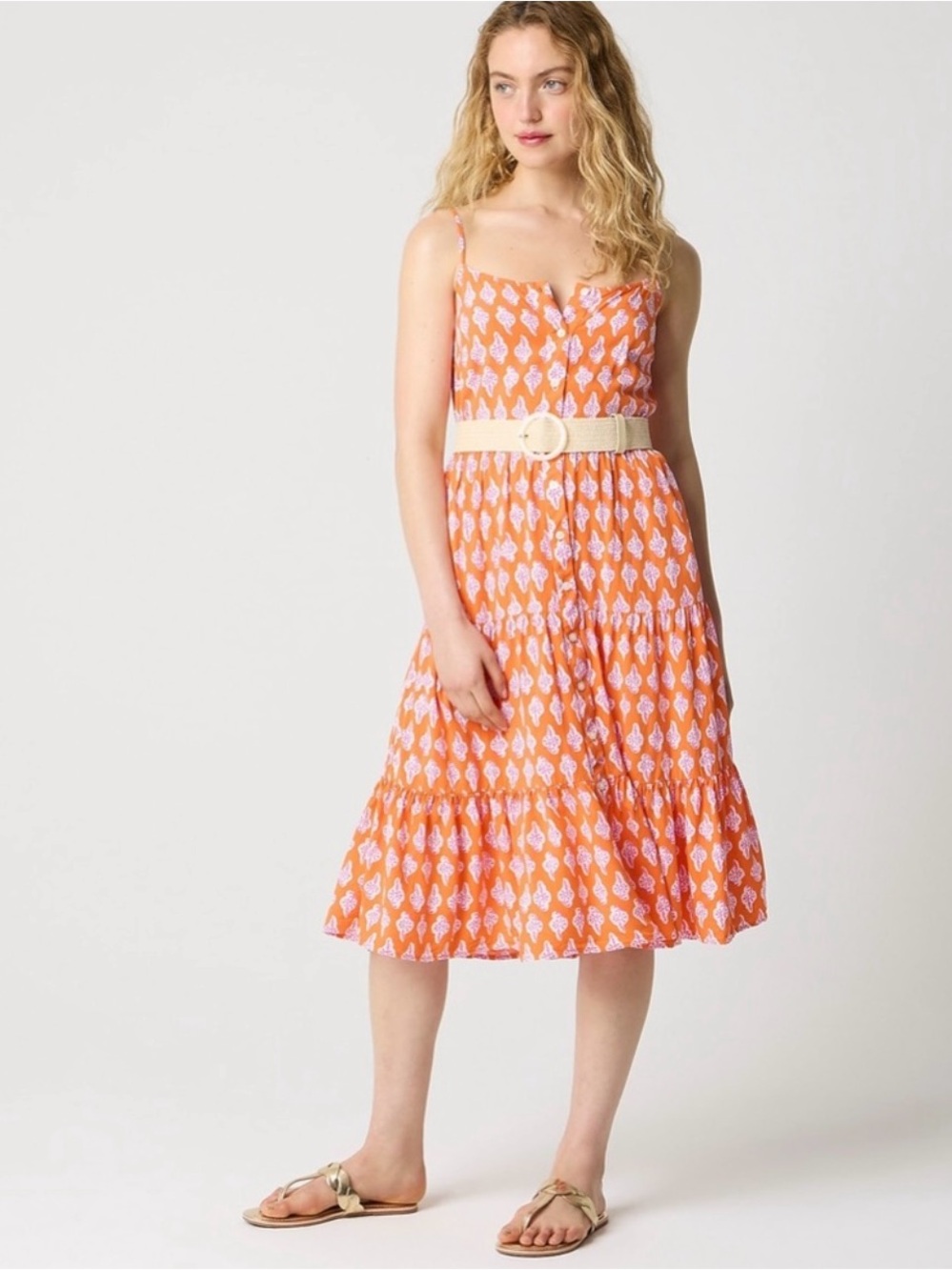 J. Crew Orange Printed Midi Dress